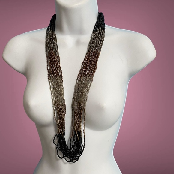 Artisan Multi-Strand Seed Bead Long Necklace Black Silver Copper Colorblock - Picture 3 of 7